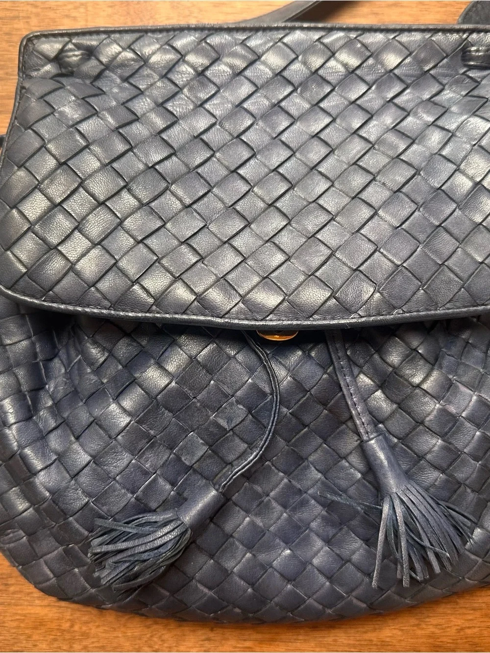 Bottega Veneta Navy Intrecciato Woven Leather Crossbody with Tassel - Picture 3 of 9